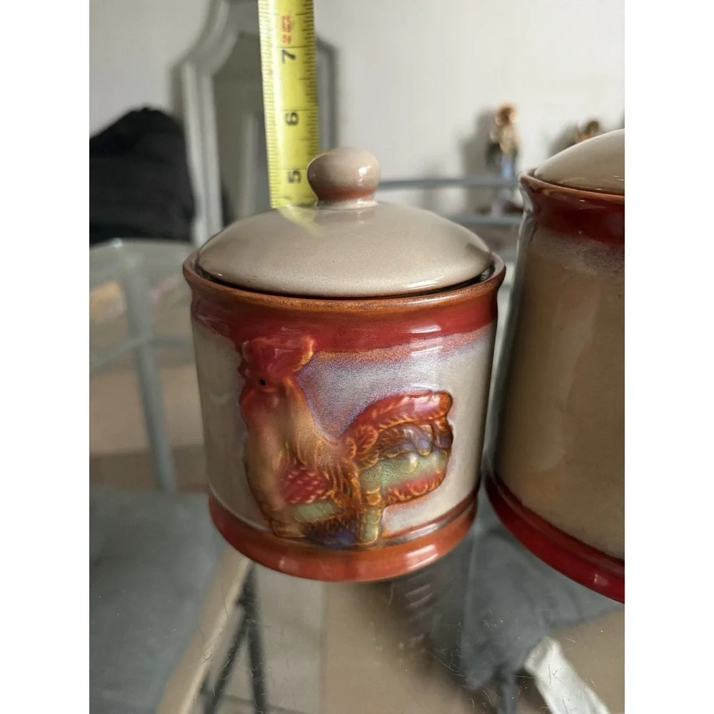 Vintage Ceramic Rooster Canister Set of 3 Drip Glaze Farmhouse Kitchen Jars